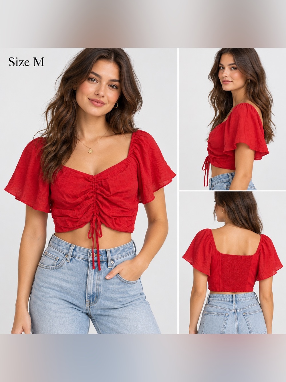 Lulu’s Red Ruched Drawstring Crop Top Women’s M Flutter Sleeve Smocked Back